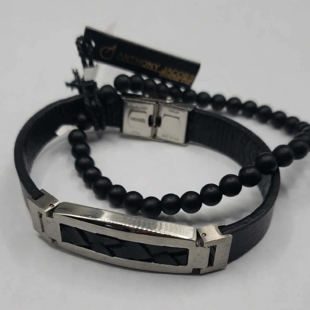 Anthony Jacobs Leather and Stainless/Black Bead Bracelet Set